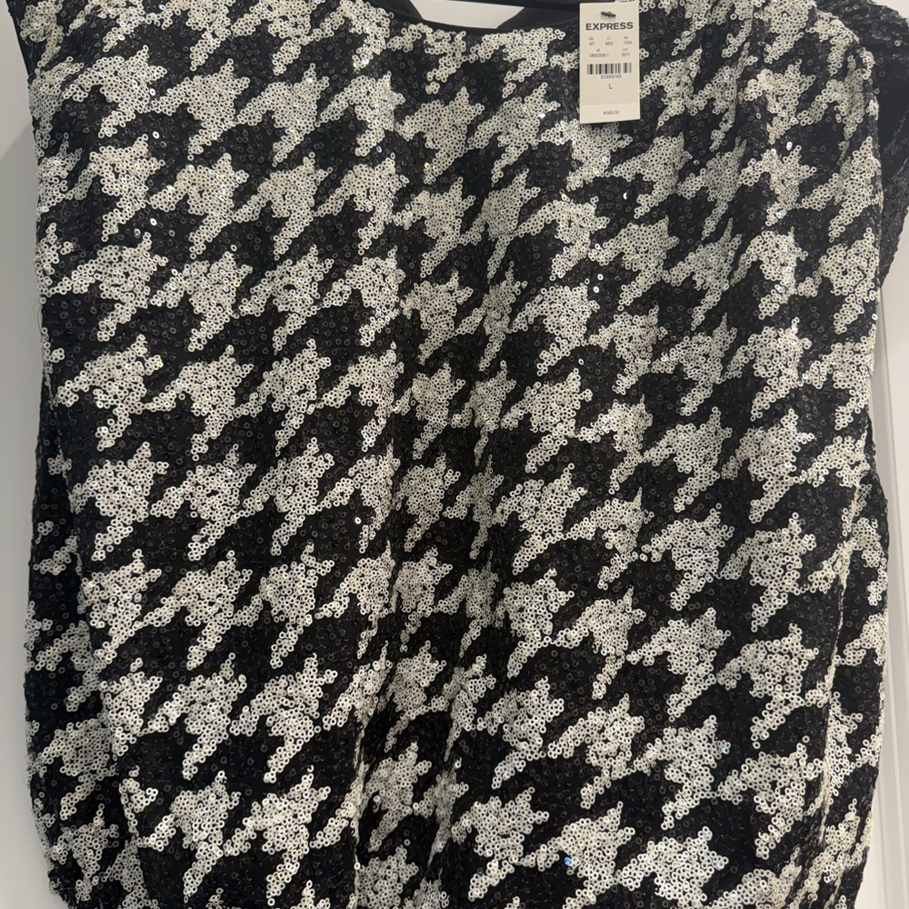 Express Houndstooth Sequin Blouse in Black and White